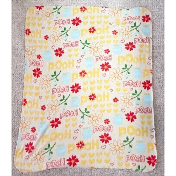 Disney Pooh Yellow Fleece Blanket Soft Nursery Honey Pot Pink Floral Vintage - Picture 1 of 13